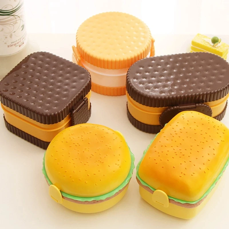 Bento Box Two Tier - Hamburger-Lunchbox, doppelstöckig, niedlicher Burger-Bento-Lunchbox, Mikrowelle, Lebensmittelbehälter,